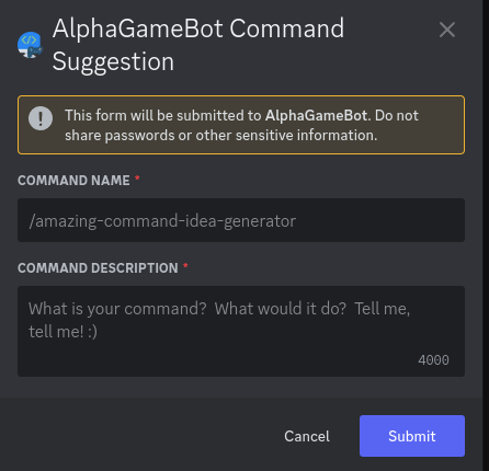 AlphaGameBot command suggestions modal